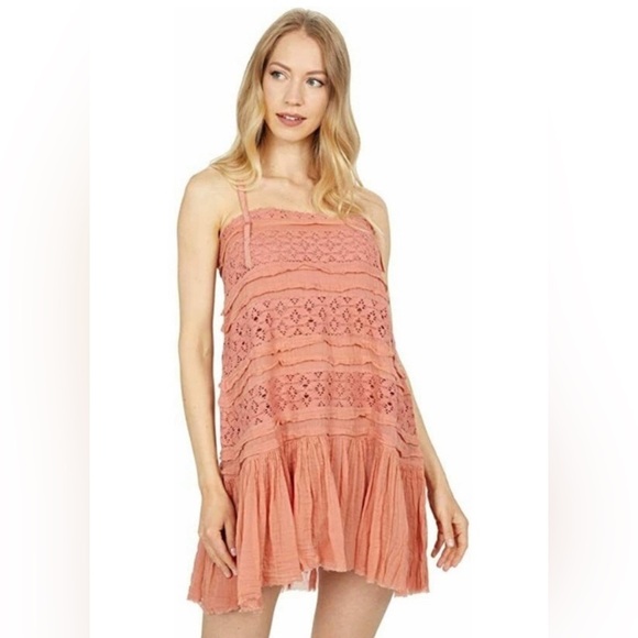 Free People Shailee Mini Slip Dress By FP One Coral Square Neck Bohemian Size S - Picture 3 of 15